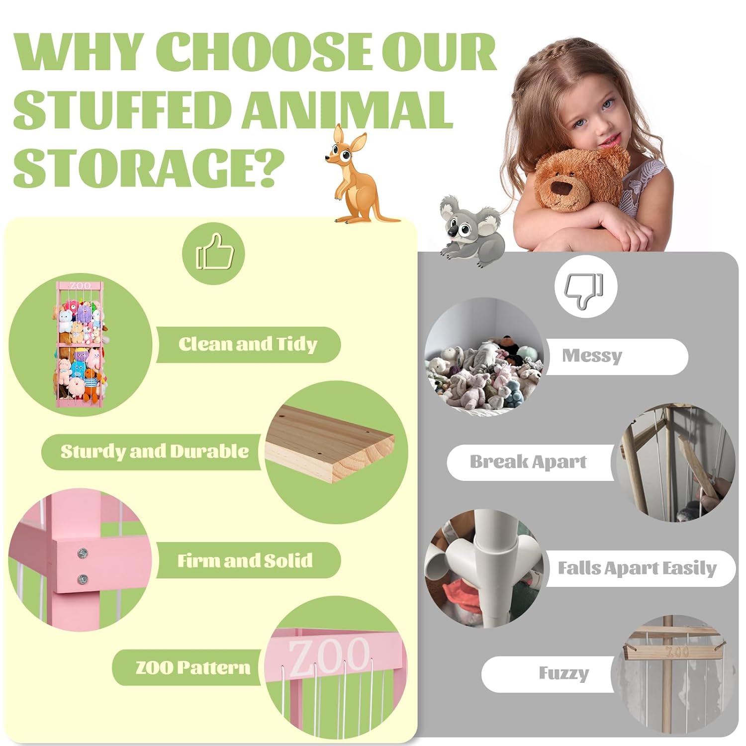 Trycooling Stuffed Animal Zoo Stuffed Animal Storage Wood Plushie Storage Stuffed Animals Zoo Storage Cage with Zoo Pattern Elastic Band for Nursery Play Room Bedroom (Pink)
