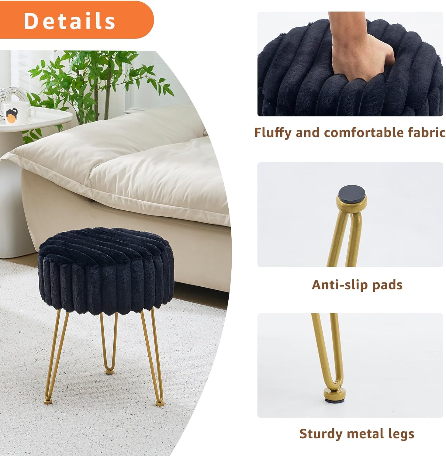 Vanity Stool,Faux Fur Ottoman Foot Stool, Dressing Table Seat with Metal Leg Vanity Chair for Bedroom, Living Room, Entryway, Offices