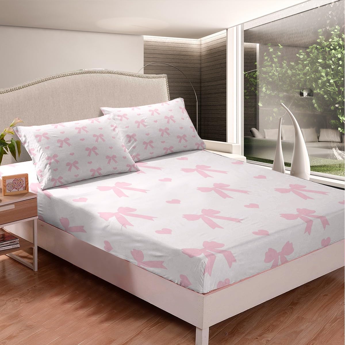 Pink Bowknot Bed Sheet Set Princess Style Bow Dreamy Bow-tie Sheet Sets Deep Pocket(No Flat Sheet),Cute Love Hearts Romantic Valentine's Day Mattress Cover,Single with 1 Pillowcase - Image 2
