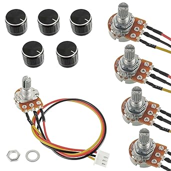100K Ohm Linear Taper Rotary Potentiometer WH148 with XH2.54-3 Pin Connector Wire Cable and Black Knob Cover CapPack of 5 Pcs