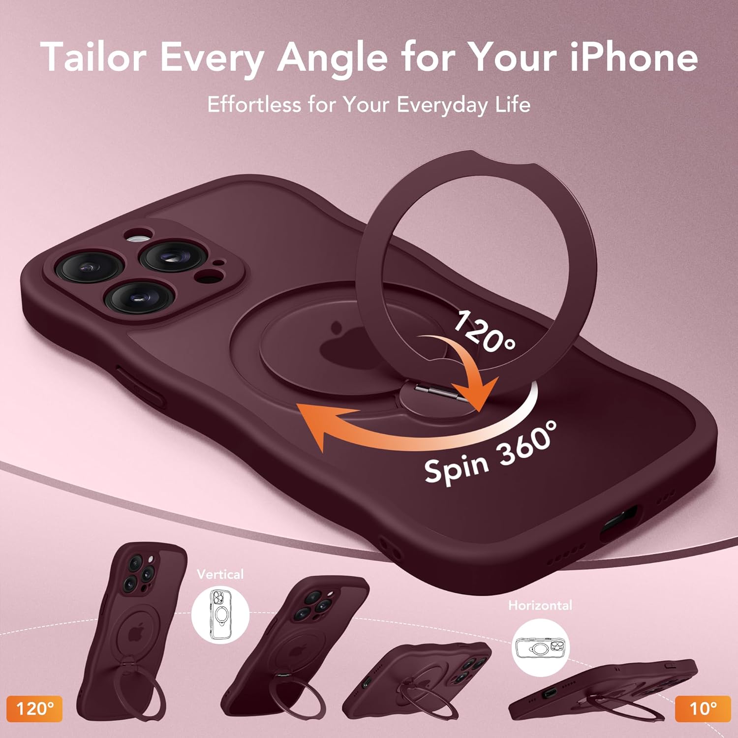 GolbinBox for iPhone 14 Pro Case for Women,[Compatible with Magsafe][360° Spin Magnetic Stand][Cute Wave Edge][Military-Grade Protection] Translucent Matte Phone Case for iPhone 14 Pro, Burgundy - Image 3