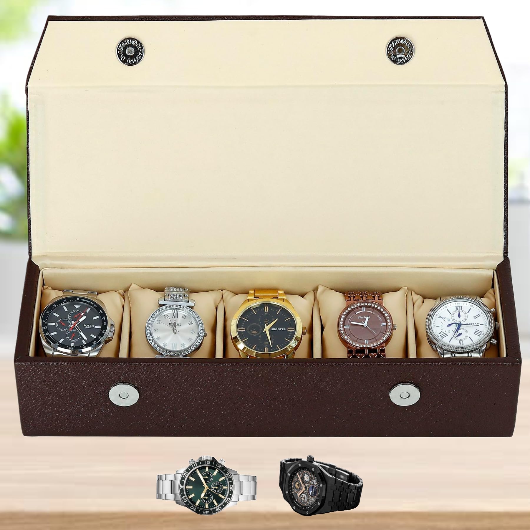 Watch Organizer Holder Jewelry Accessories Display Storage Case Watch Organiser Collection Box 5 Slots In PU Leather For Men Women Rust Color