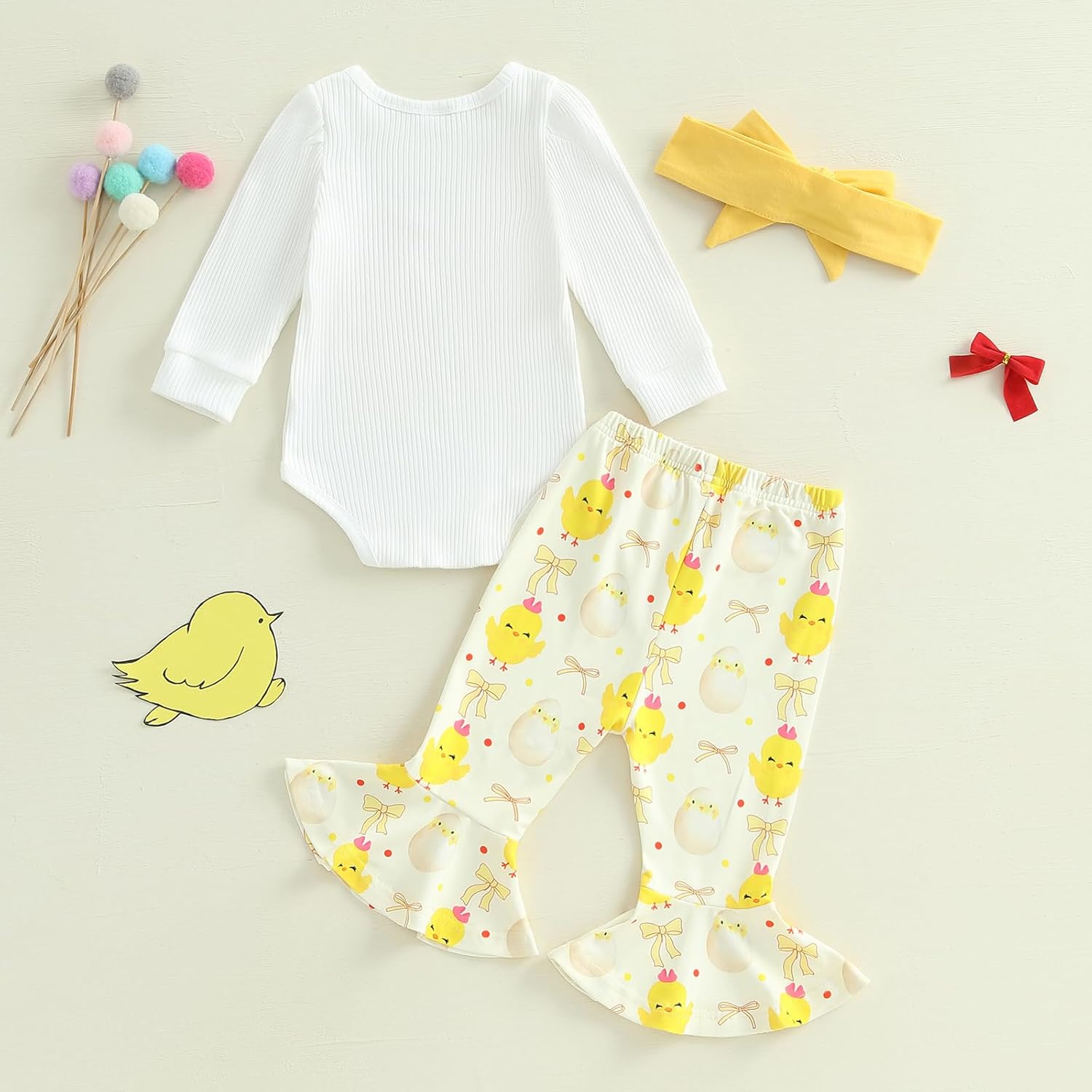 Newborn Baby Girl Easter Outfit New Chick In Town Ribbed Romper Chicks Bow Flare Pants Headband Clothes Set - Image 3