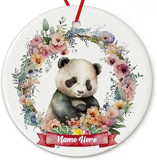 Dinoz Merry Christmas Panda Animal Ornament Tree, Watercolor Baby Animal Lovers Personalized Name Keepsake Printify Ceramic Round Circle Ornamens Print Both Sides for Gifts Decor Home