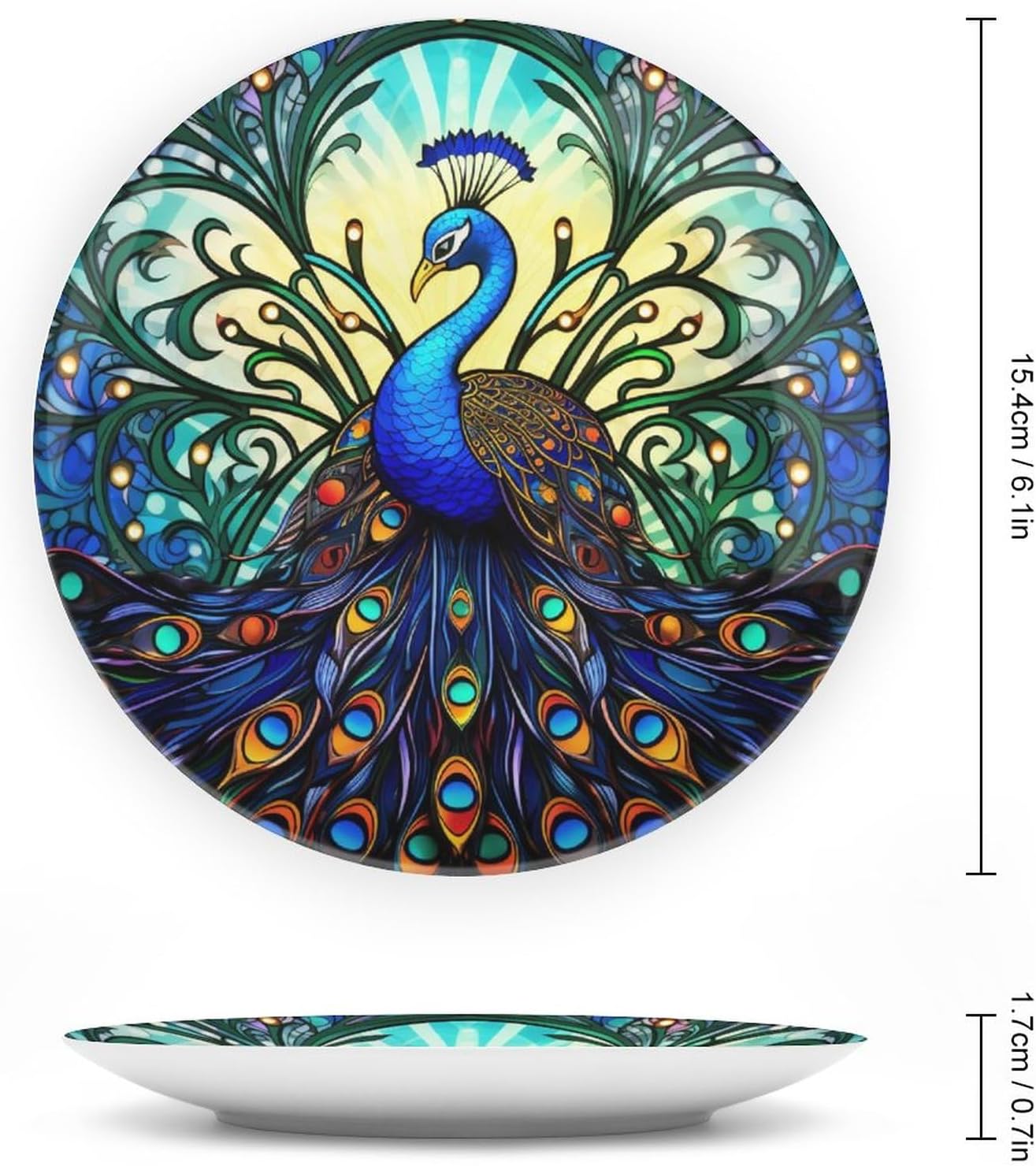 Boho Colorful Peacock Stained Glass Design Decorative Plates Home Decor Ceramic Plates, Dinner Plates Display for Kitchen, Hallway Console Side Table, Presents for Peacocks Lover, 6 Inch image 2