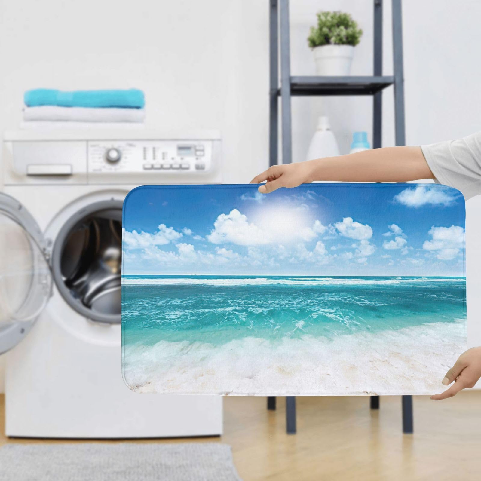 BREAUX Blue Sky Tapis de sol antidérapant pour salle de bain Motif paysage marin tropical 3 pièces