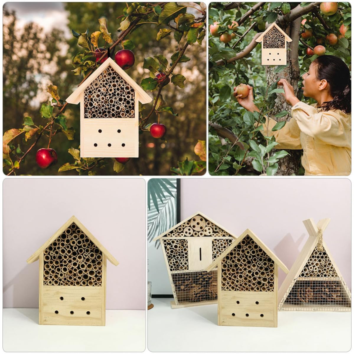 2 Piezas Casa de Abejas de Madera Tipo Cabaña para Jardín Exterior