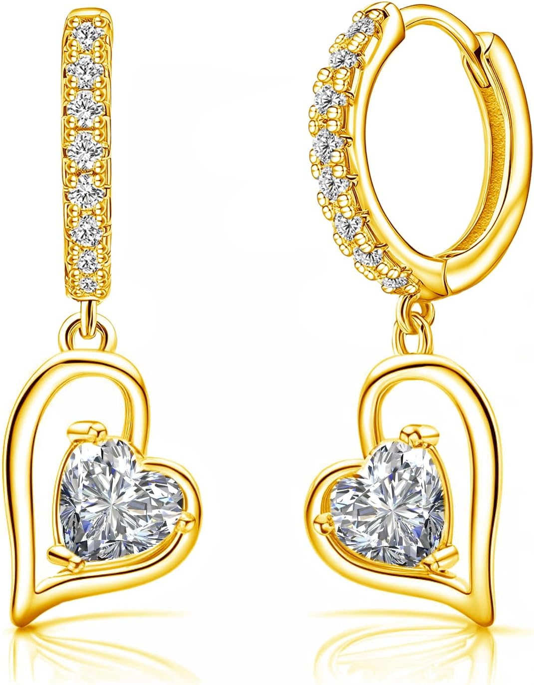Sterling Silver Heart Dangle Hoop Earrings for Women 14K Gold Cubic Zirconia Heart Dangle Drop Earrings Hypoallergenic Birthstone Jewelry Dangling Earrings for Daughter Wife Birthday Christmas