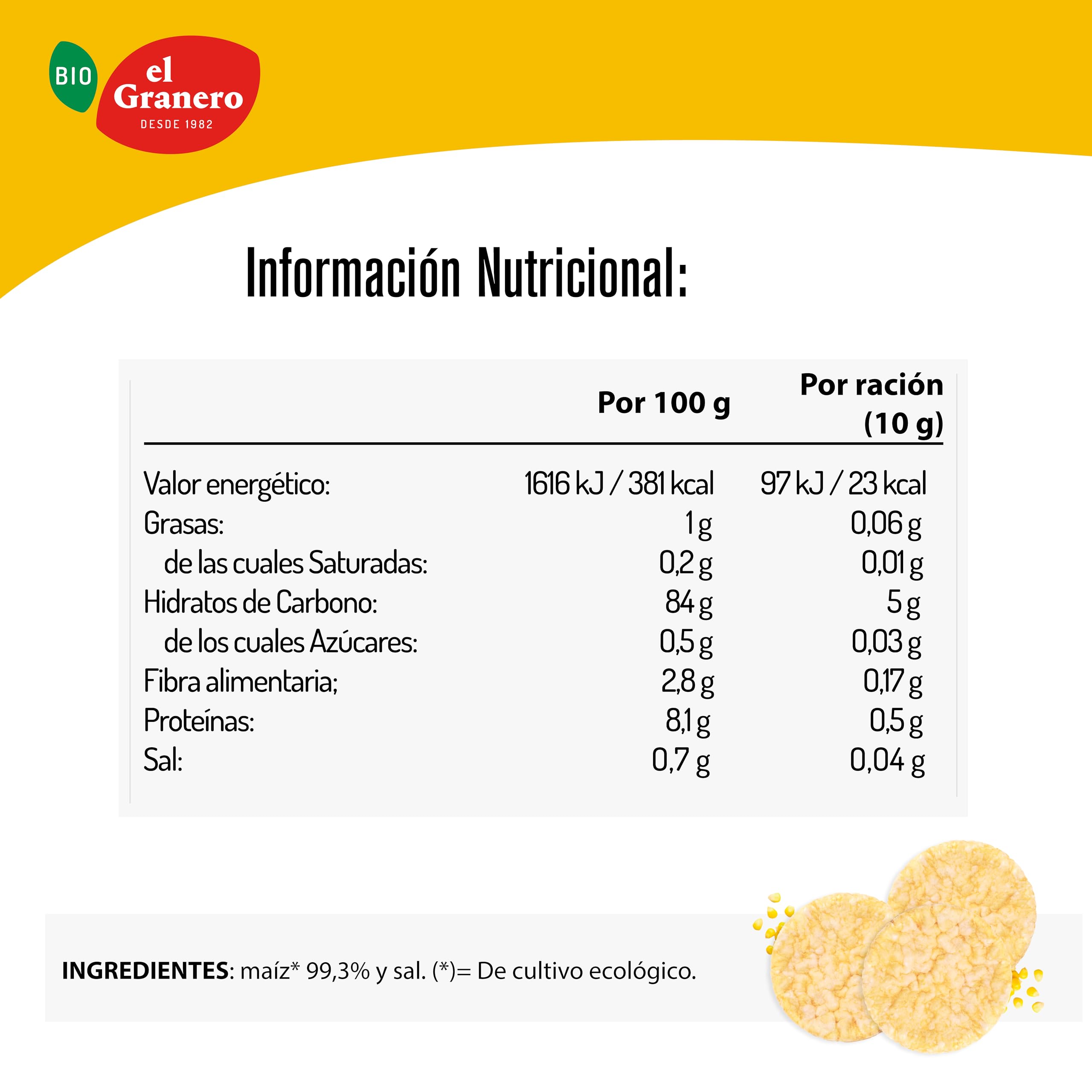 EL GRANERO INTEGRAL - Pack of 12 Units of 130 g Organic Corn Pancakes – 130 g - No Added Sugar and Gluten Free - Suitable for Vegans - High Content in Carbohydrates, Maiz