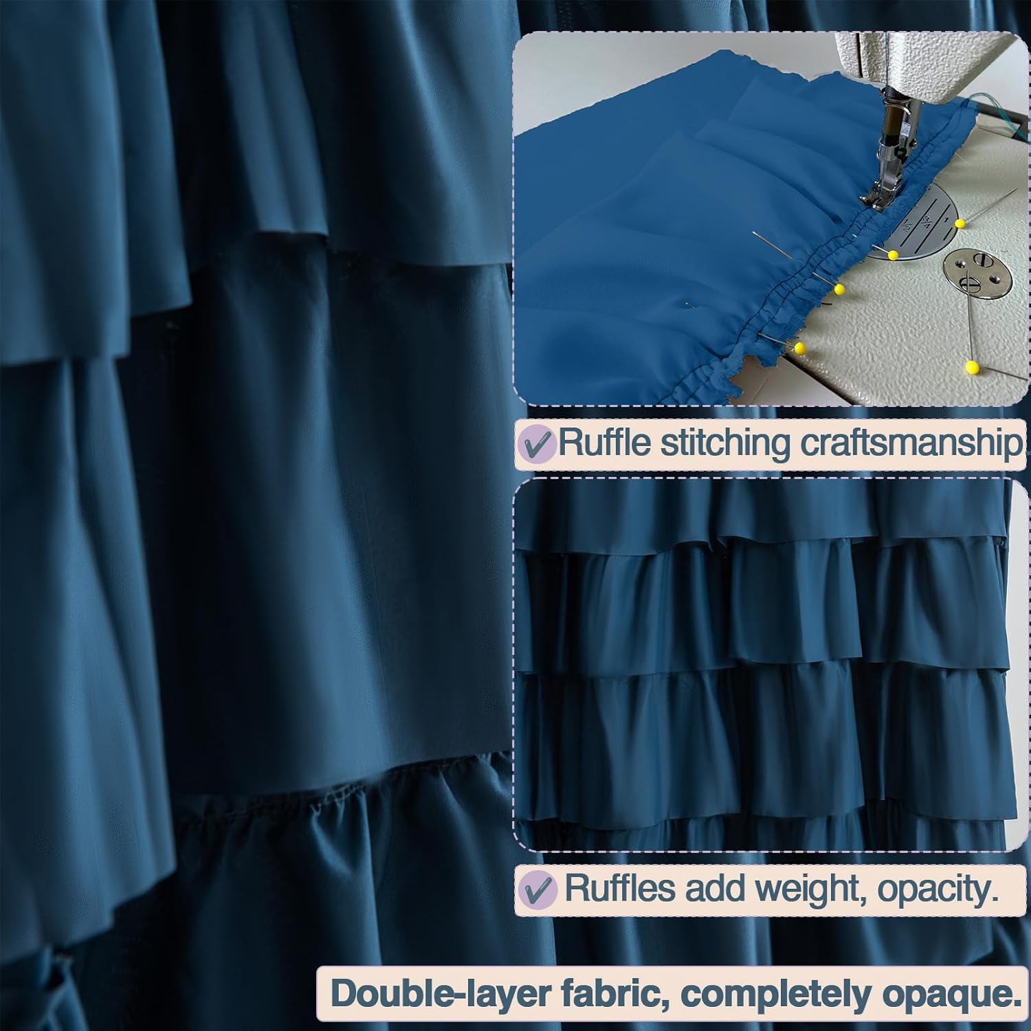 Blue Ruffle Shower Curtain Boho Farmhouse Ruffled, Vintage Navy Fabric Bath Curtains, Elegant Shabby Chic Cottagecore Decorative Bathroom, Modern Country Style 72x72 inch
