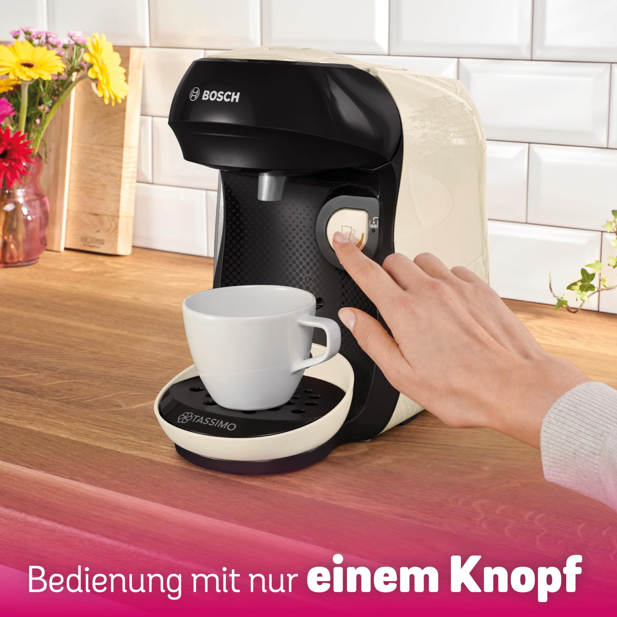 Bosch Tassimo happy friendly Kapselmaschine TAS107E, über 70 Getränke, geeignet für alle Tassen, Abschaltautomatik, nachhaltig, perfekt dosiert, platzsparend, 1400 W, creme/schwarz