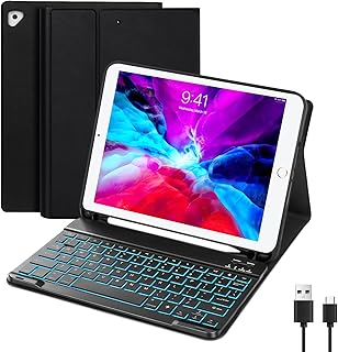 iPad Keyboard Case for iPad 9.7 6th/5th Gen 2018/2017, iPad Air 2, iPad Pro 9.7 2016, Eocean iPad Case with 7-Color Backlit Detachable Keyboard, 2 Bluetooth Channels, Smooth Stain Resistant Cover