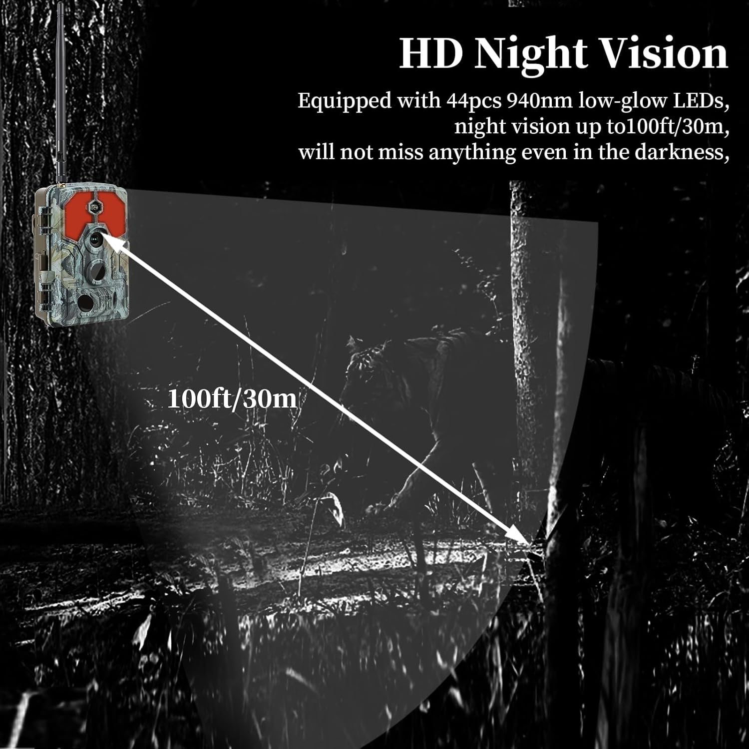 Diagram showing 100ft night vision range of the Folgtek A106W Trail Camera