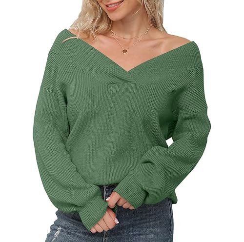 Feiersi Women's Off Shoulder Sweater Long Sleeve Loose Tops V-Neck