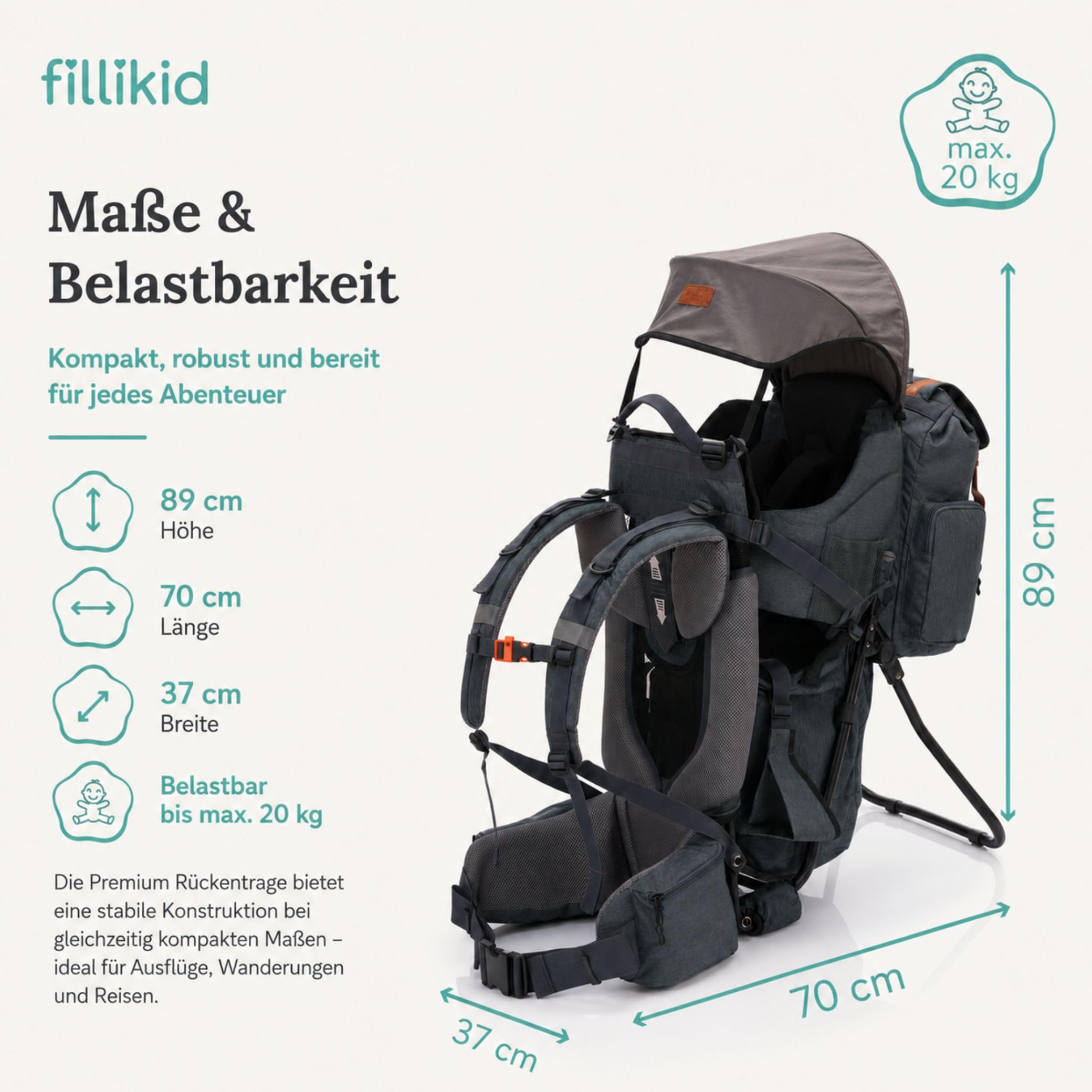 Fillikid Premium Babytrage Rückentrage Baby | Rücken Babytrage mit Sonnendach & großen Staufächern | Kraxe zum Wandern mit Baby Kleinkind | Tragesitz bis 20 kg | Kindertrage Ultra leicht
