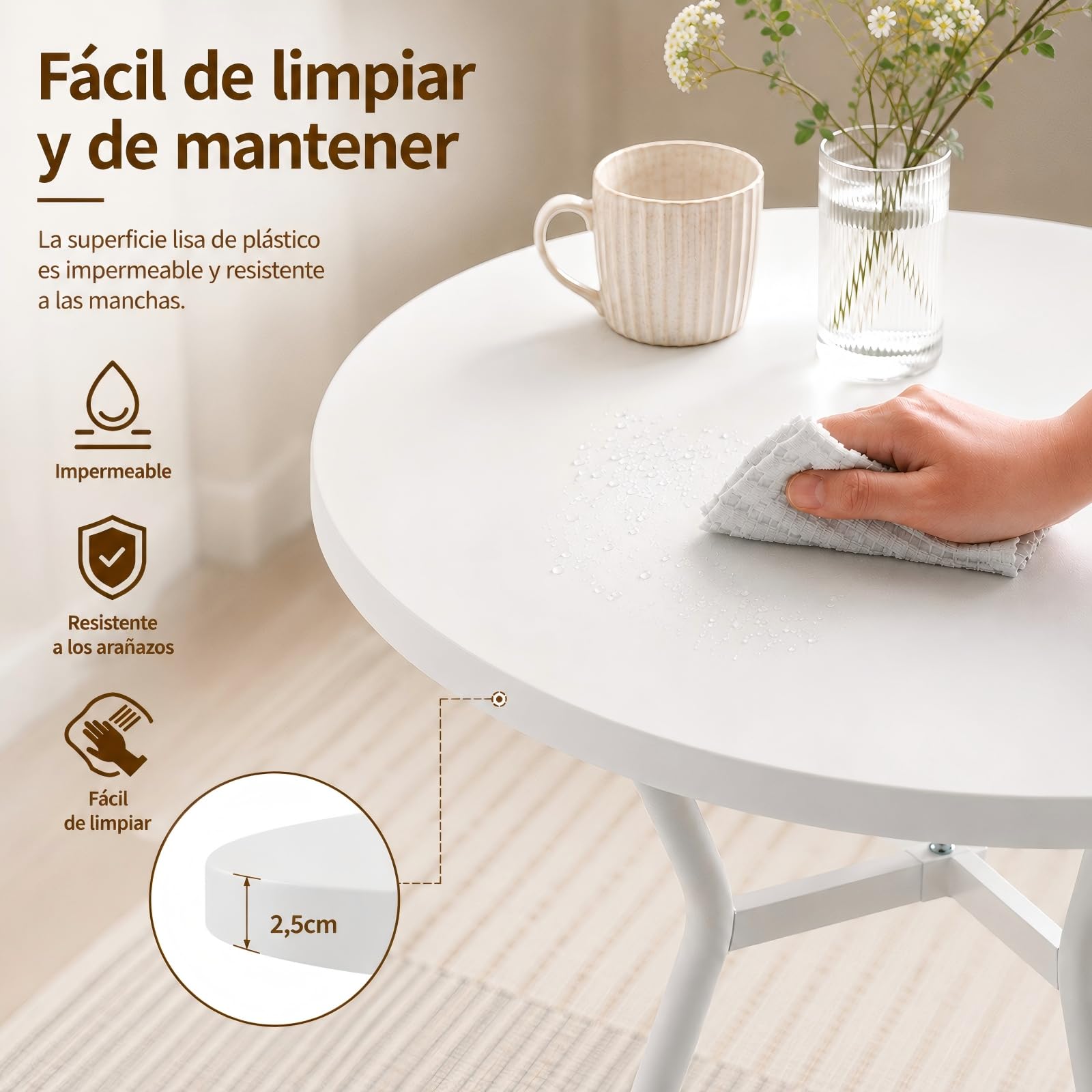 JIJIAN Mesa de Comedor Redonda 2-4 Personas 80 x 80 x 75 cm, Mesa de Cocina Compacta con Patas de Metal, Ahorra Espacio, Ideal para Cocina, Comedor, Balcón y Jardín, Blanco