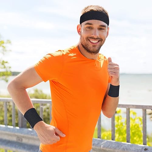 Miniatura 6 de Bememo Juego de 6 bandas deportivas de neón para competiciones deportivas de París, 2 diademas, 4 muñequeras, bandas atléticas de tela de rizo