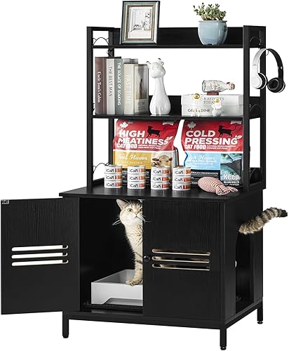 WEENFON Caja de arena para gatos con 3 estantes, armario de arena, baño para gatos con alfombra, madera resistente, grande, color negro