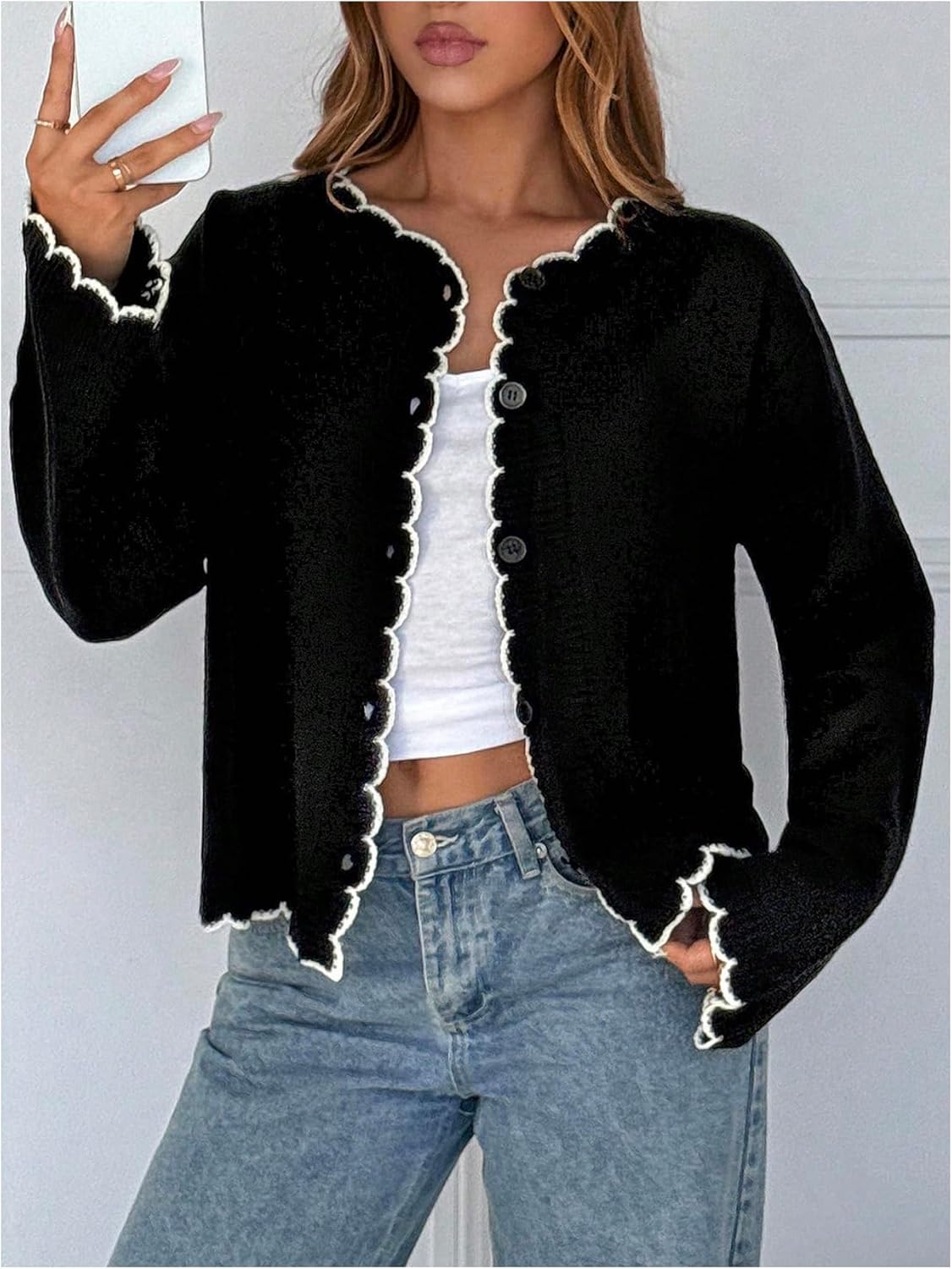 Verdusa Women's Button Down Lightweight Cardigan Fall Sweaters Elegant Formal Wave Edge Knit Outerwear - Image 4