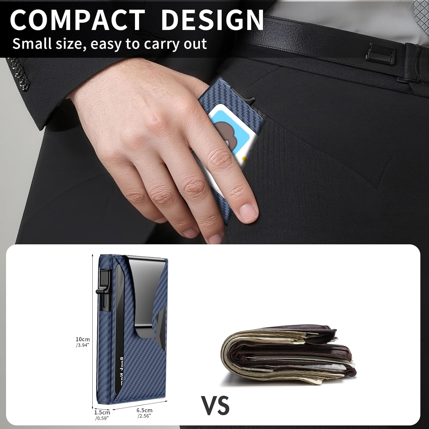 KISUEDZP Wallet for Men Slim Minimalist Pop-up Smart Holds 5-6 Cards - RFID Blocking Metal with Money Clip, Credit Card Holder & ID Window,Business Card Cases, men accessories (Carbon Blue) - Image 6
