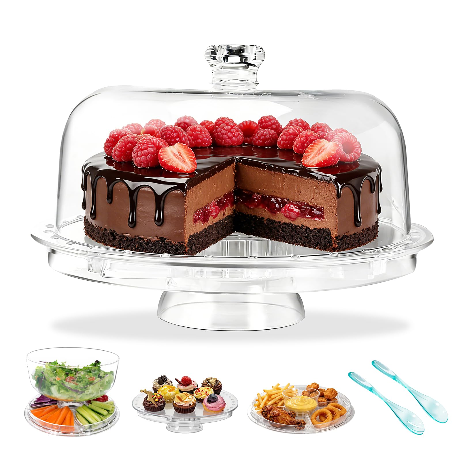 OZD Multifunctional Cake Stand with Lid, 6 in 1 Clear Cake Stand, 12'' Round Cake Display Stand with Acrylic Dome, Serving Stand Salad Bowl for Fruits Snacks Nuts, Comes with 2 Spoons — image 1