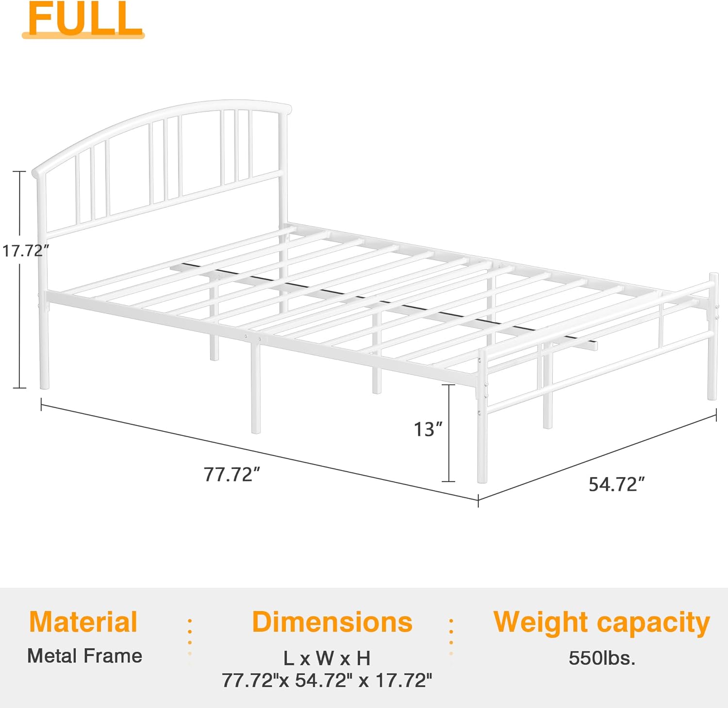 VECELO 14 inch Full Bed Frame White Beds Metal Platform Mattress Foundation with headboard Footboard Steel Slat Support/No Box Spring Needed/Easy Assembly