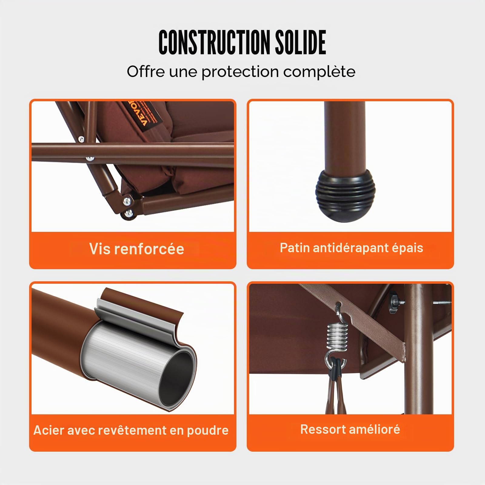 VEVOR Balancelle de terrasse 3 Places, balançoire Convertible avec auvent réglable de Porche extérieur, avec Coussin épais Amovible, Cadre en Acier allié, pour Balcon, Jardin, Bord de Piscine, Marron
