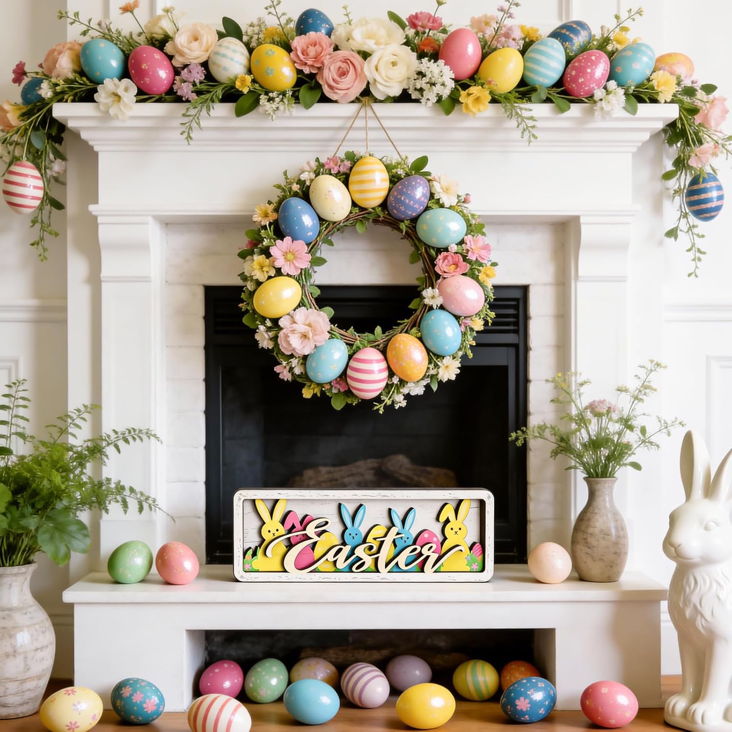 Vintage Easter Decorations for Home Wooden Easter Table Decor, Happy Easter Signs, Spring Bunny Centerpiece Rustic Farmhouse Tiered Tray Decor for Kitchen Office Mantel Shelf Desk Wall Door - Image 6