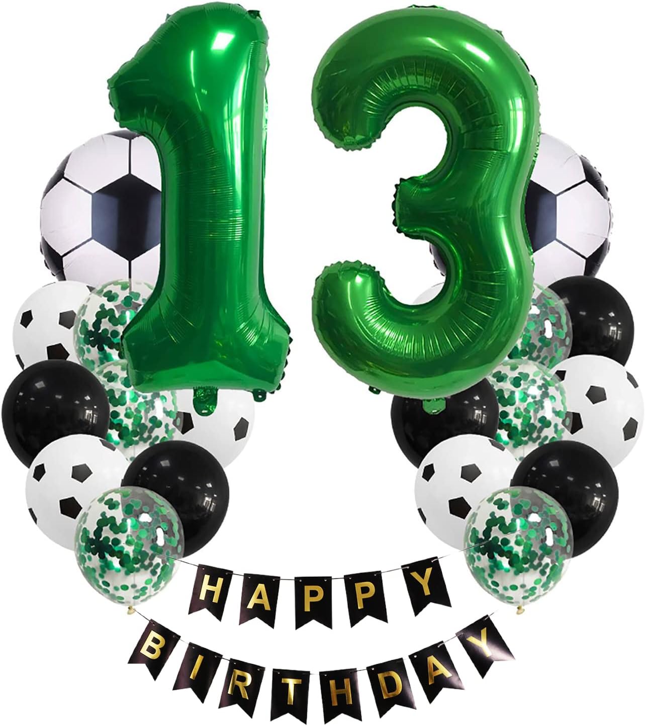 Soccer Birthday Party Decorations Kids Boys Girls Soccer Ball Themed 13 Year Children's Birthday Decoration Number 13 Balloon Garland, Soccer foil Balloon, Green Balloon Soccer Themed Celebration