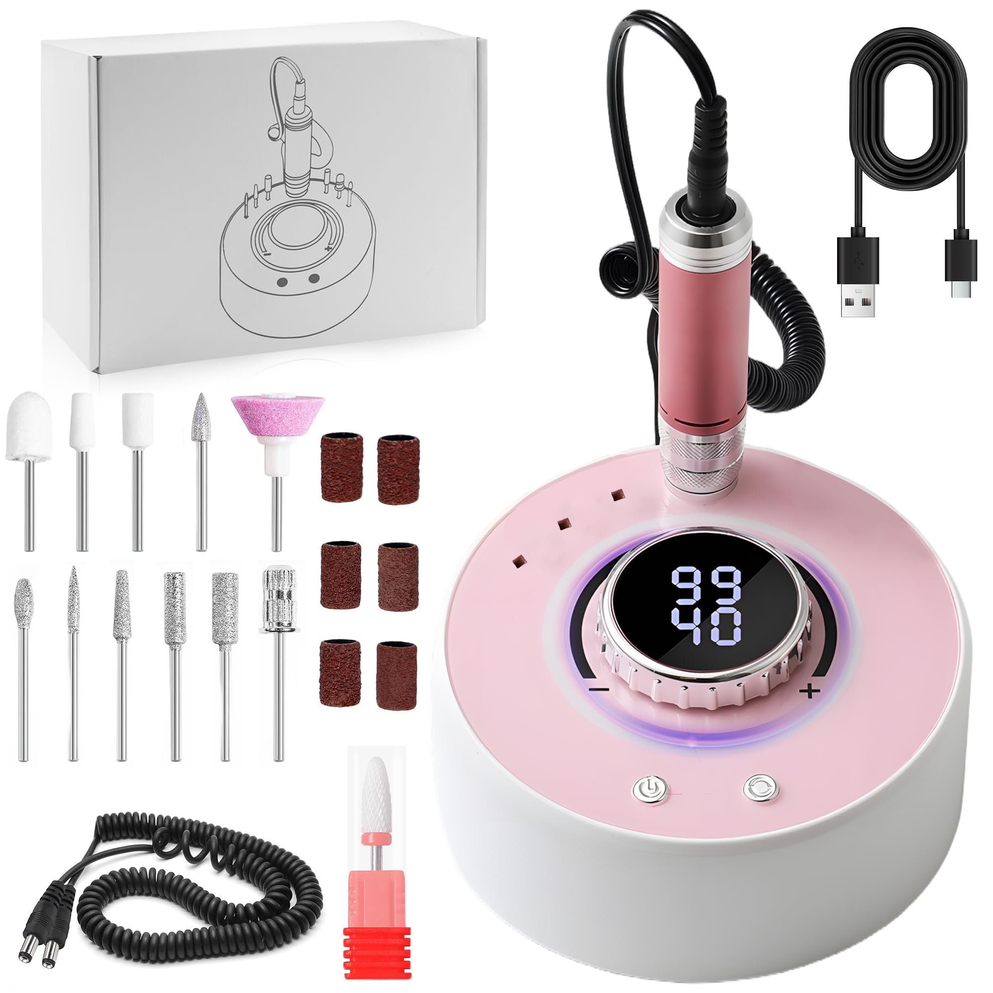 ZITUZY Nagelfräser für Gelnägel Kabellos 35000 U/Min, 13 in 1 Elektrische Nagelfräser mit LED Display, Einstellbarer mit 6 Aufsätzen, - Maniküre Gerät für Zuhause und Salon (Rosa)