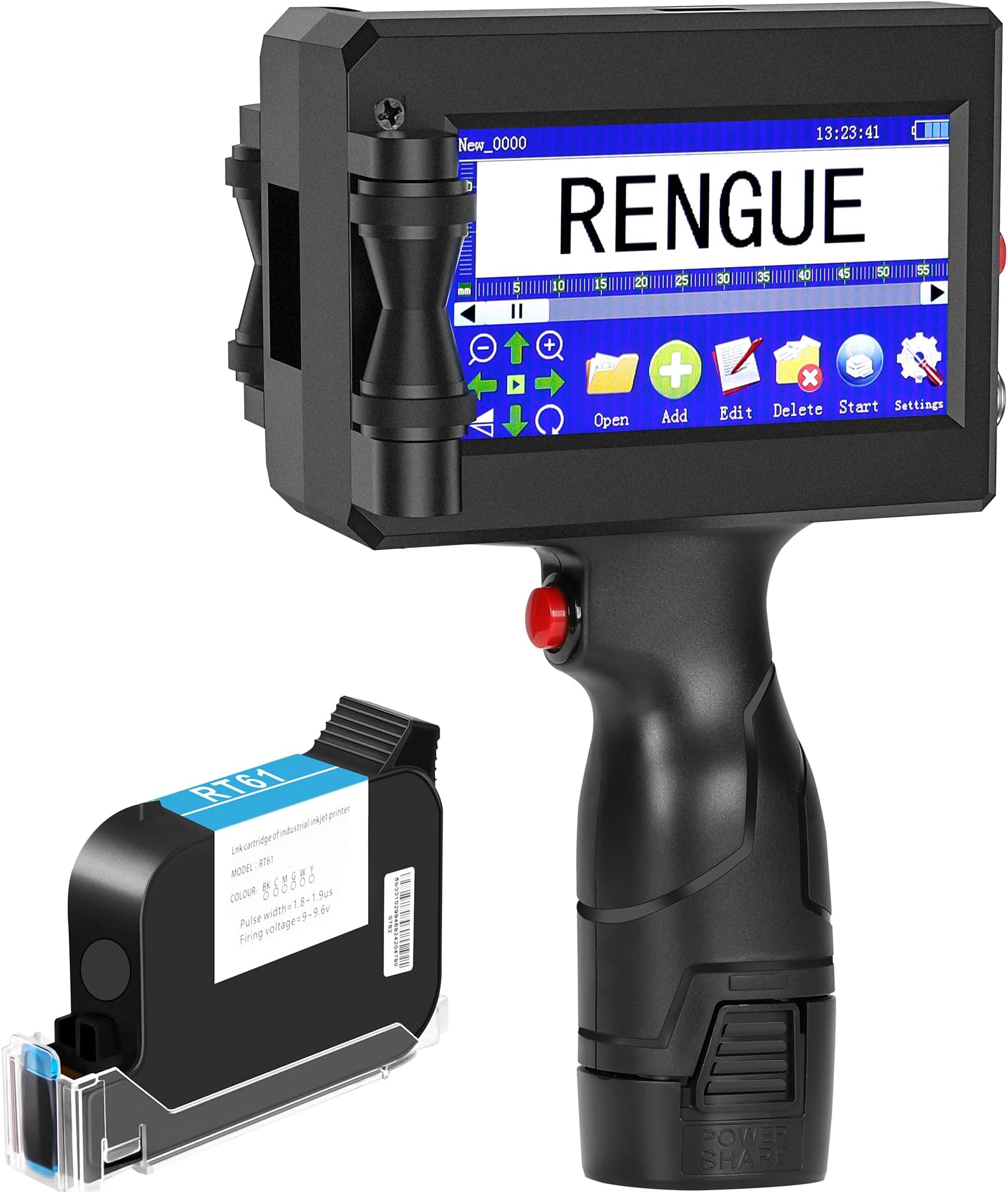 Rengue Handheld Inkjet Printer Gun, Portable Handheld Printer Quick-Drying Inkjet Coding Machine, 4.3'' Mobile Touch Screen Inkjet Printer for QRCode, Barcode, Batch Number, Label, Date RGCFM01 Black