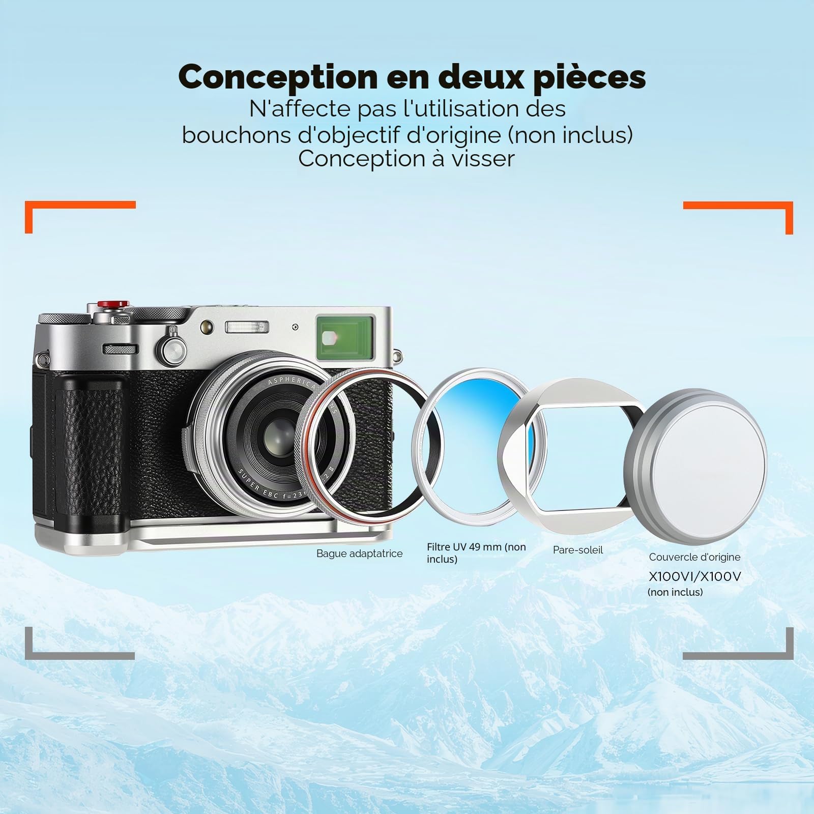 Haoge LH-X54W Pare-Soleil carré en métal avec Anneau Adaptateur 49 mm pour Appareil Photo Fujifilm x100vi Fuji X100V Argenté