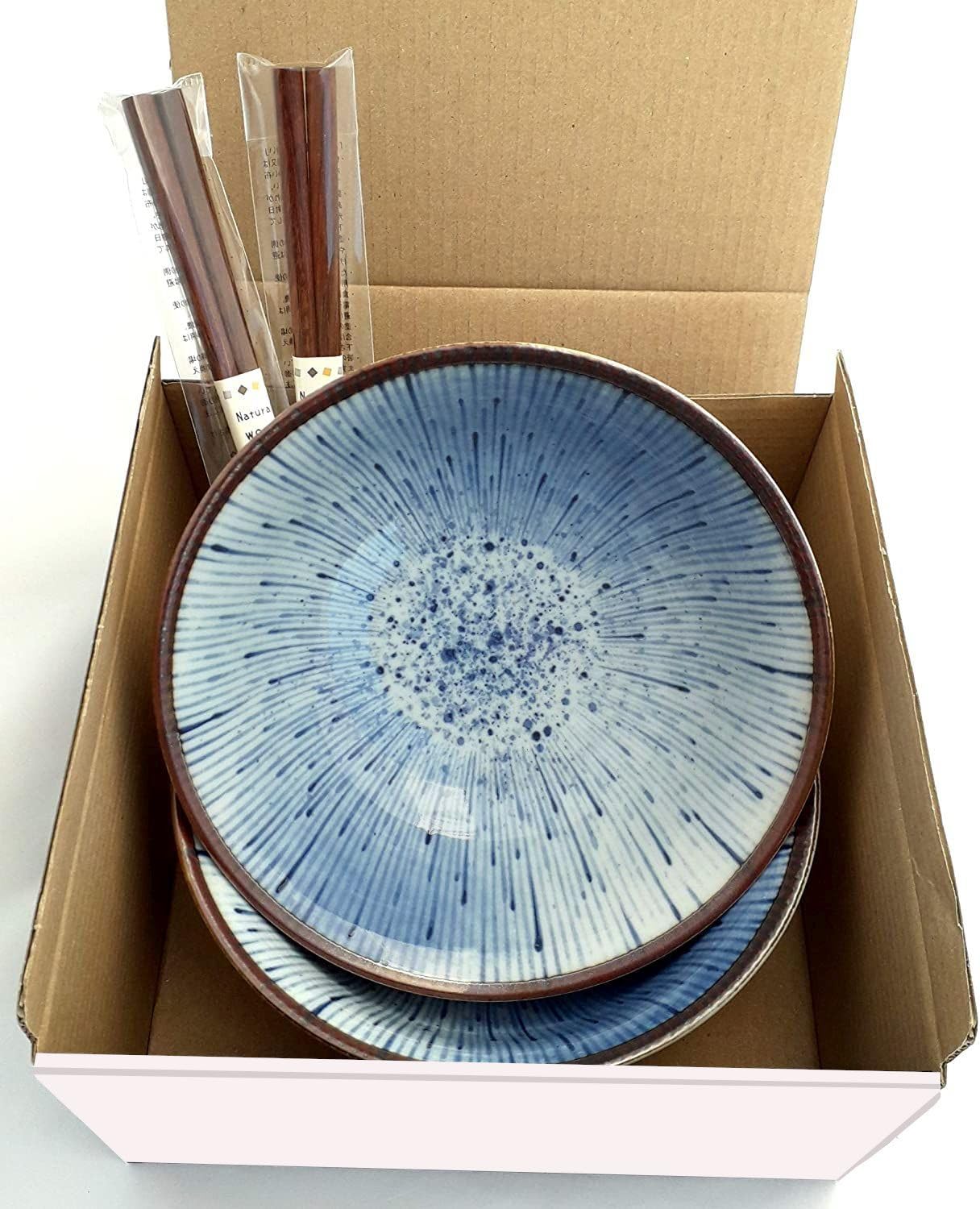 Ramen Suppenschüssel Set HANABI Geschenkset Porzellan Suppenschalen auch für Udon und Soba inkl. Essstäbchen weiß blau hergestellt in Japan Ø 18,8 cm, H 7,7 cm