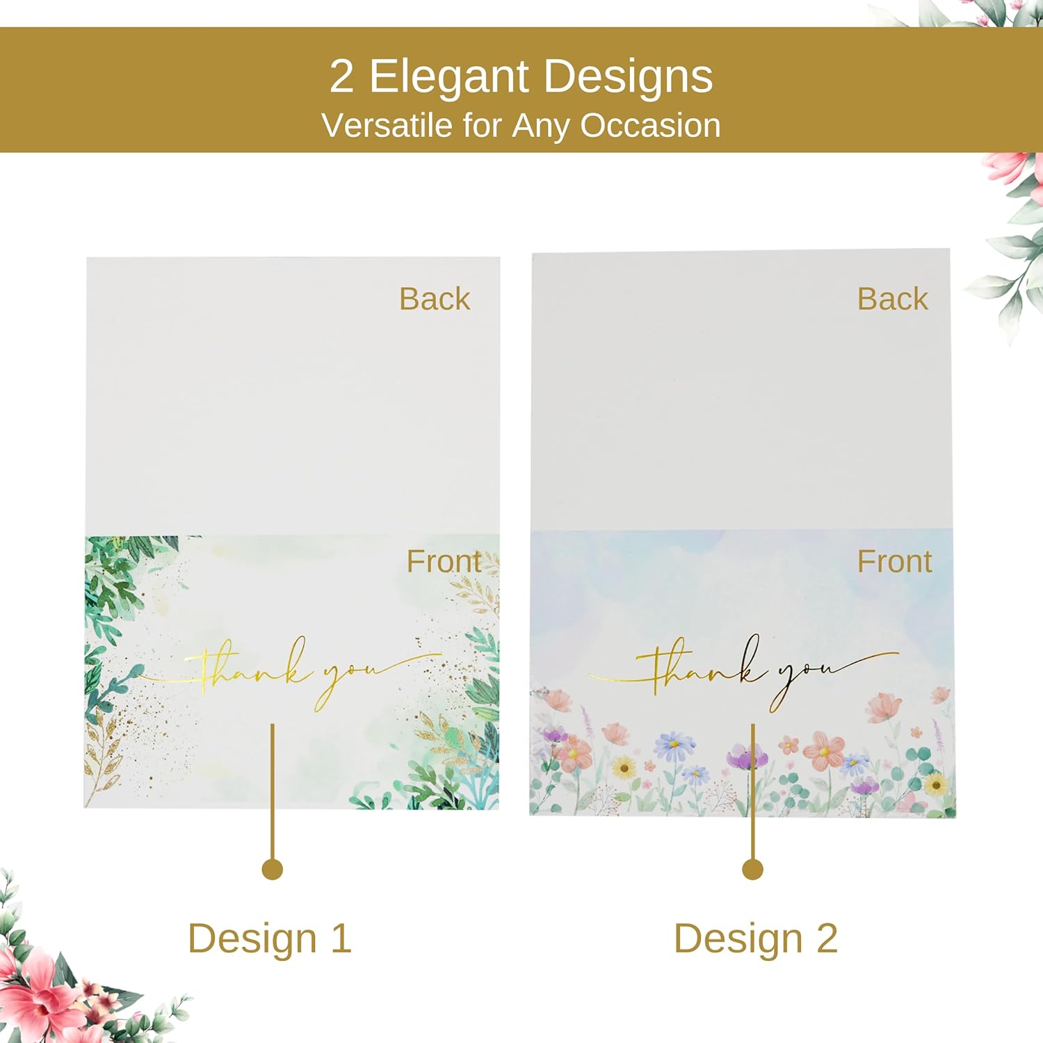 Nuoerp 100 Pack Thank You Cards with Envelopes, Premium Cotton Paper, Gold Foil, Blank Thank You Notes for Personal Message, Bulk Set for Small Business, Wedding, Bridal Shower, Gratitude for Special Occasions (2 Design, 100 Pack, 4.25 x 6 Inch, Box Included)