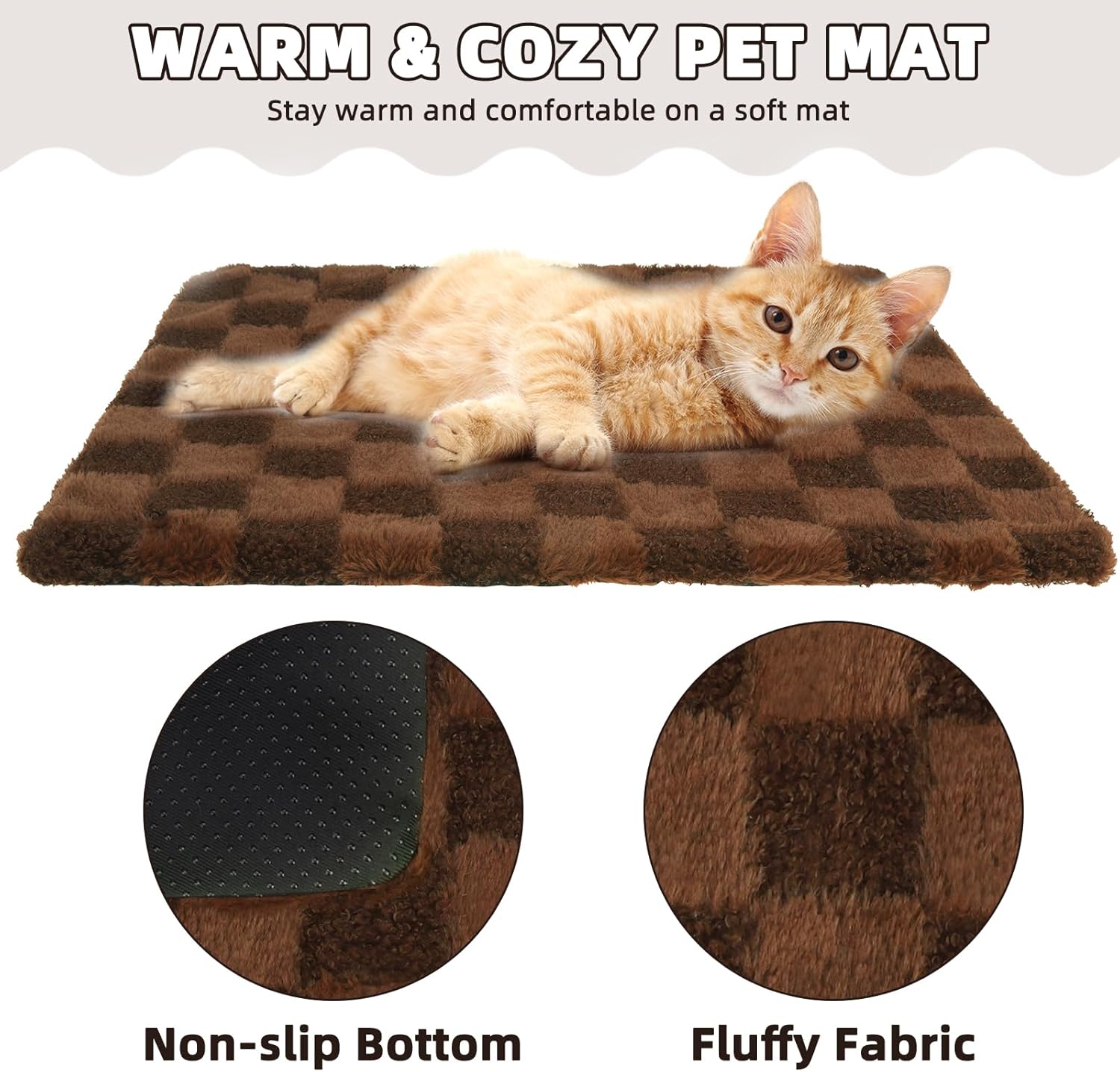 PUPTECK 4 Pack Self Warming Cat Bed, Plush Self Heating Pad 20 x 16 inch Thermal Pet Mat Removable Washable Cover Indoor Outdoor Kitten Small Dogs, for Crate, Floor, Non-Slip Bottom, Brown Checkered S