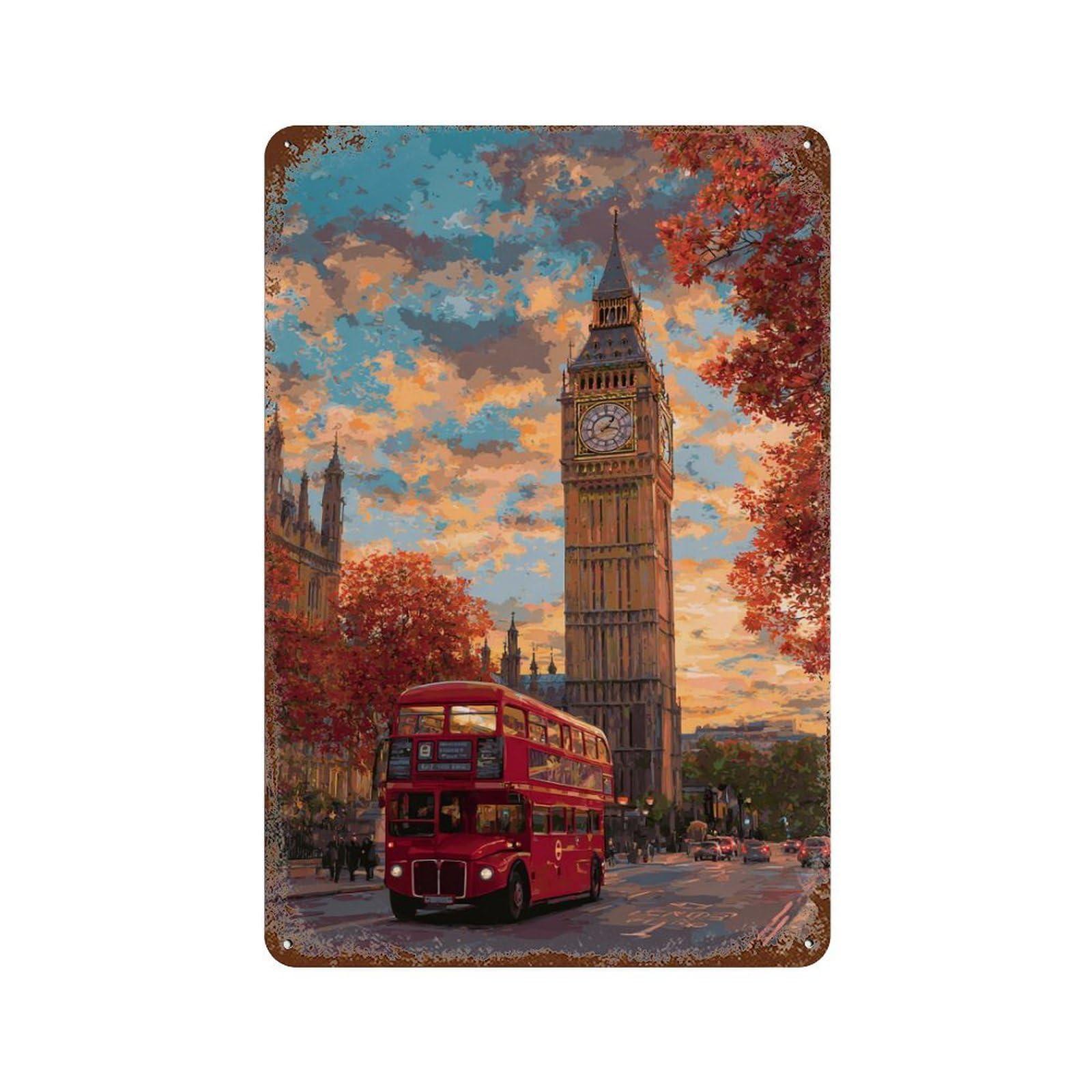 Rusty Metal Tin Sign with London Autumn Scene with Big Ben Design 11.8"x7.9", for Farmhouse, Kitchen And Entryway Decor, Rustic Home Decor
