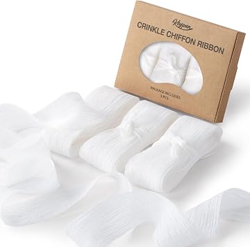 Keypan White Chiffon Ribbon 1-1/2 Inch Crinkle Handmade Tulle Fabric Silk Ribbons for Bridal Flower Bouquet Wedding Invitations Decor Gift Wrapping 3 Rolls 9 Yd