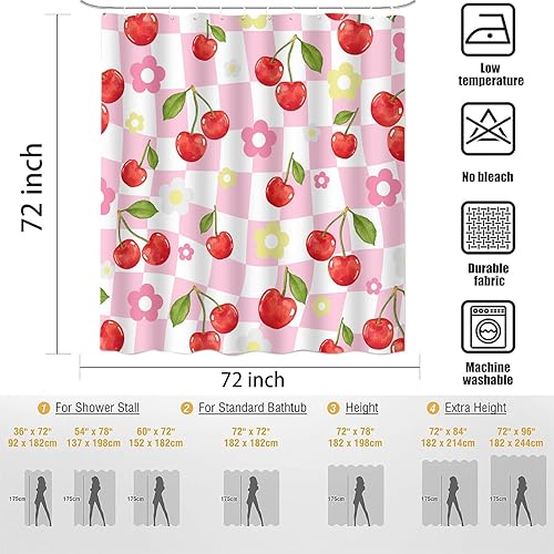 Miniatura 4 de Cortina de ducha de cereza rosa con diseño floral de cerezo para decoración de baño, 72 x 72 pulgadas, lavable de poliéster preppy Funky Groovy