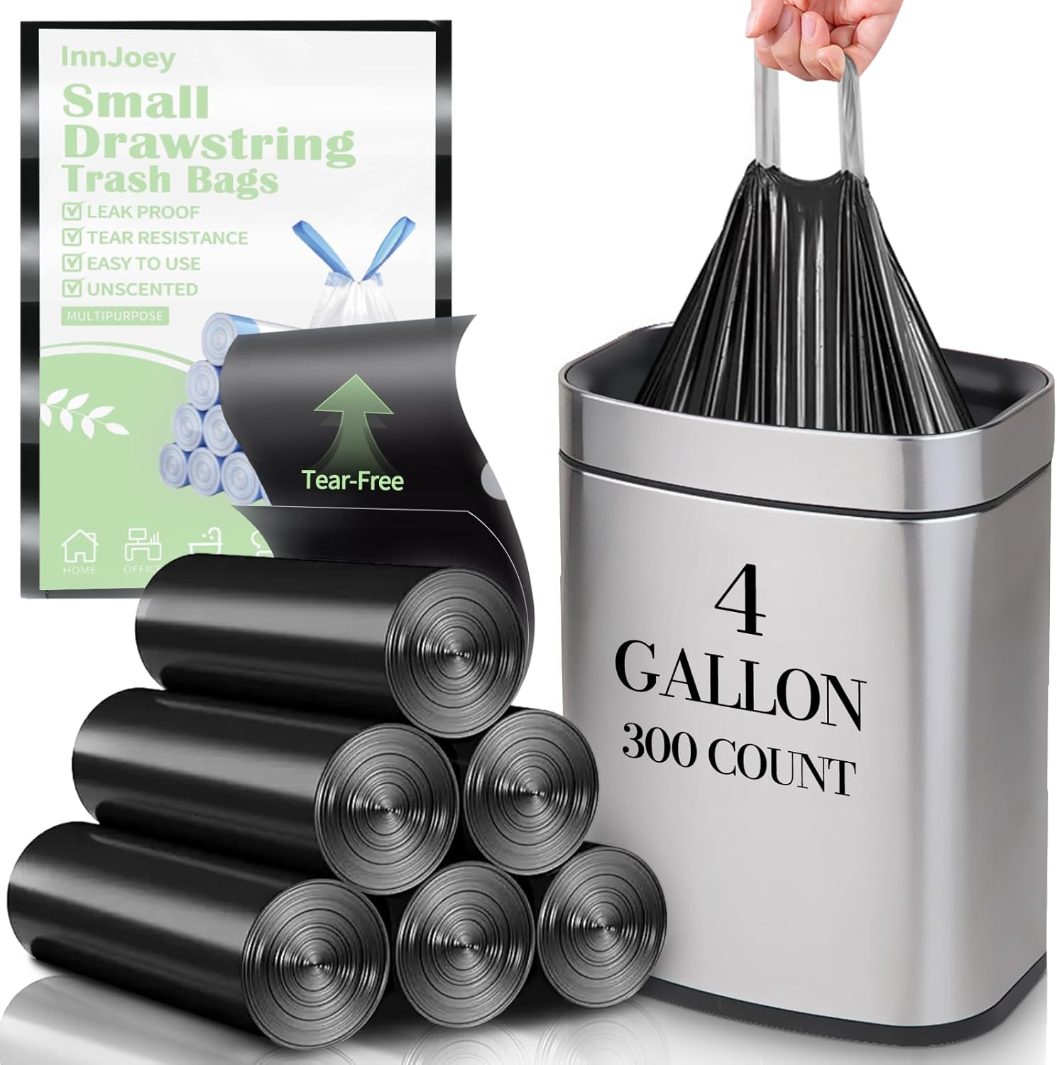 300 Count Small Drawstring Trash Bags for 4-Gallon (15 L) Trash Cans, 300 Count Thick Pre-separated Garbage Bags, Mini Wastebasket can Liners for Bathroom Bedroom Office(Black)