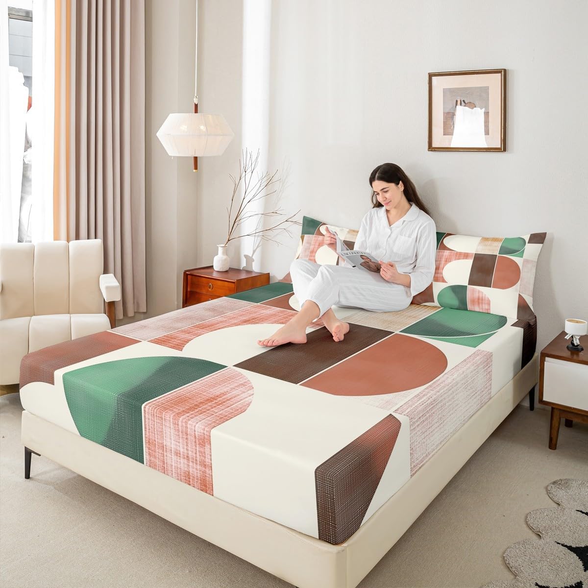 Navy Blue Modern Fitted Sheet Queen Size,Mid Century Geometric Sheet Set(No Top Sheet),Abstract Semicircle Pattern Bedding Sets(1 Fitted Sheet+2 Pillow Cases),Modern Artwork Woman Bed Cover