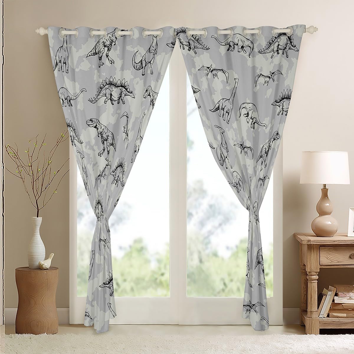 Dinosaur Curtains for Bedroom Living Room (2 Panels, 38 x 54 Inch) Kids Cartoon Dino 30%-50% Blackout Curtains Boys Girls Teens Camouflage Darkening Drapes Wildlife Style Gray Decor Window Treatments