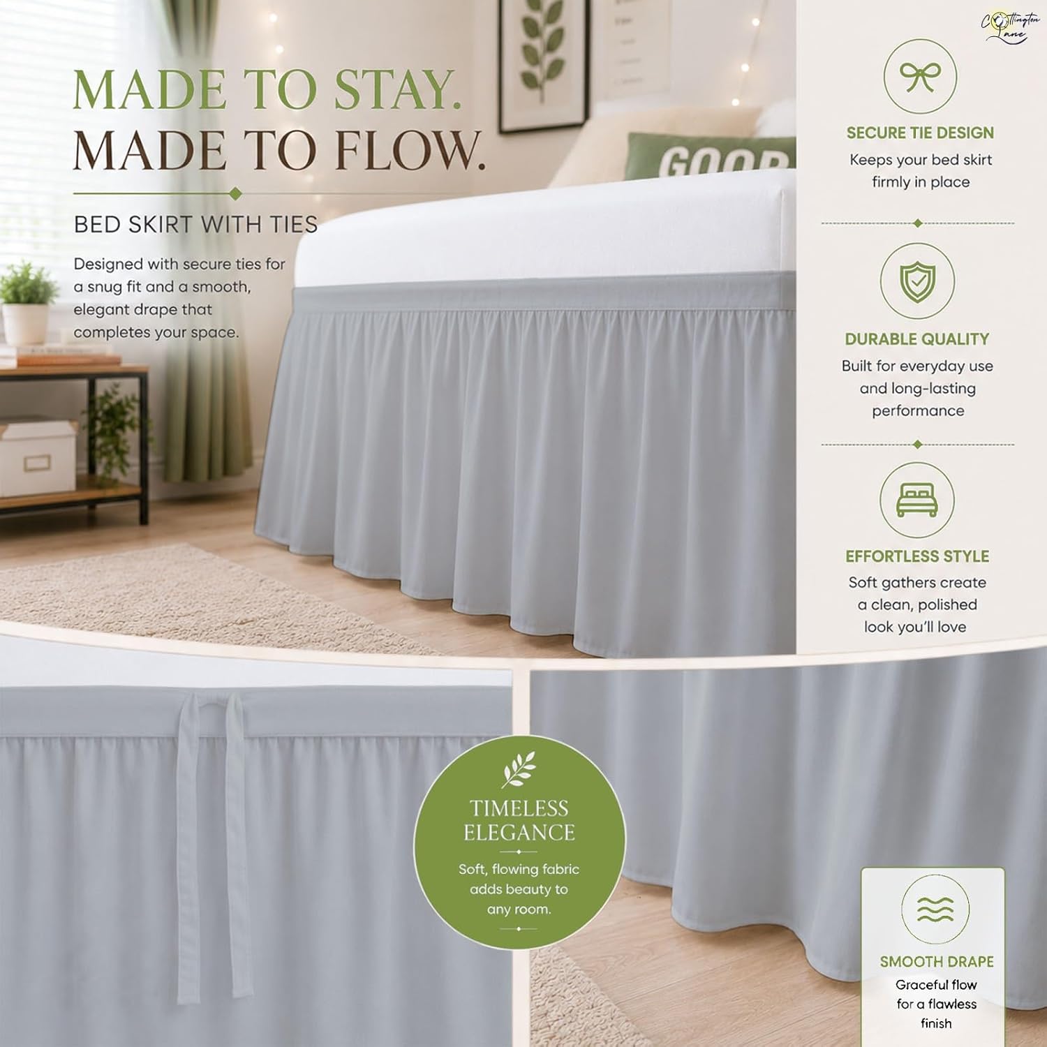 Cottington Lane Twin XL Dorm Bed Skirt 42 Inch Drop, Extended Ruffled College Dorm Bed Skirt, Wrap Around Dust Ruffle, Premium Brushed Microfiber Extra Long Bed Skirt for Twin XL Dorm Beds, Light Grey