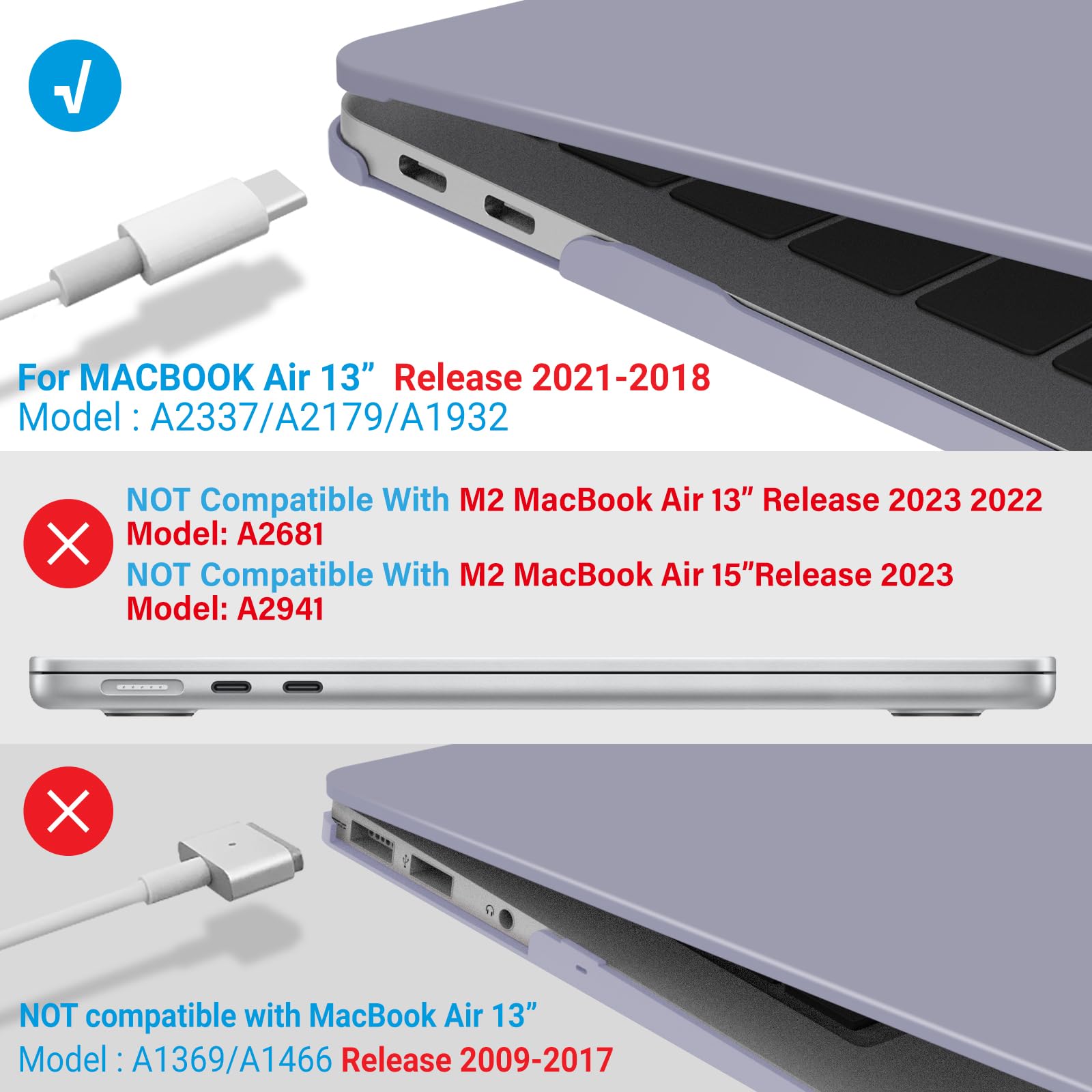 IBENZER Compatible with New MacBook Air 13 inch case 2022 2021 2020 M1 A2337 A2179 A1932, Hard Shell Case&Keyboard Cover&Screen Film for Mac Air 13 with Touch ID (2018-2022), Lavendar Gray,AT13LVGY+2