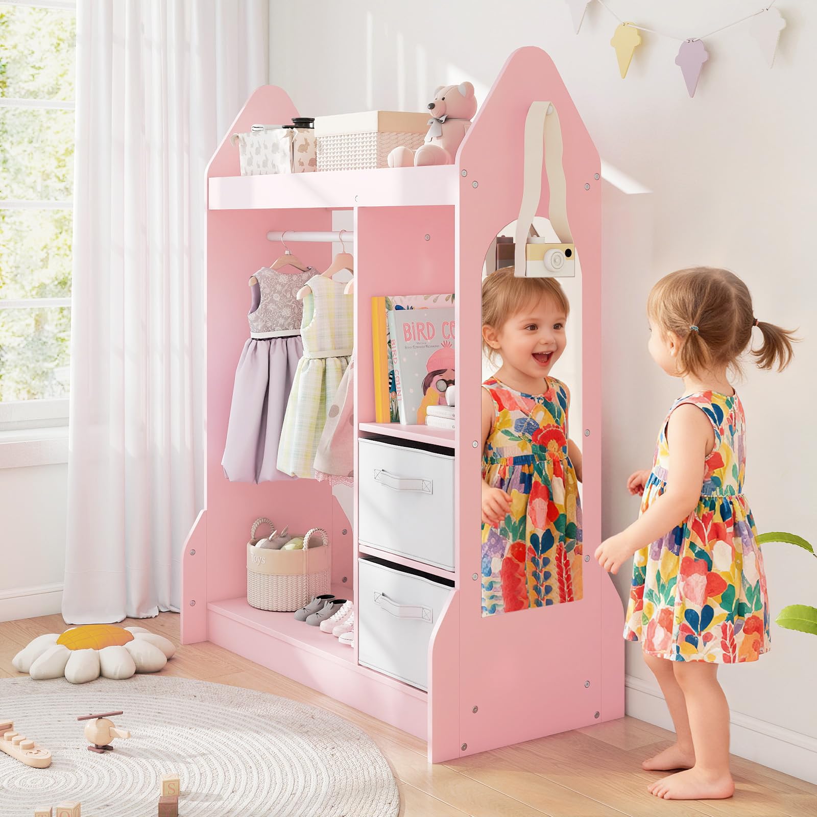 GOPLUS Armario de Almacenamiento para Niños, Ropero con Espejo de Cuerpo Entero, Estantes, Ganchos, 2 Cajas de Tela, Organizador para Juego Imaginativo, Armario de Madera para Dormitorio (Rosa)