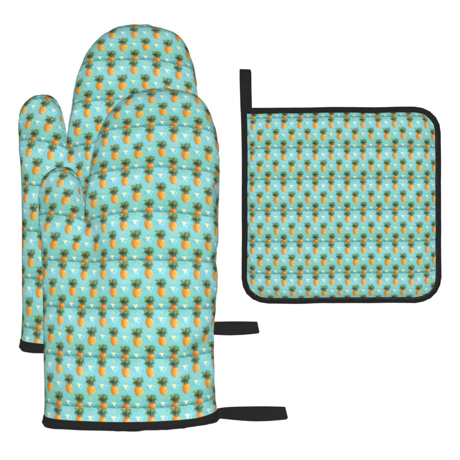 Tropical Fruit Pineapple Print Oven Kitchen Gloves For Baking Outdoor Grilling Home Use Mitts Microwaving Bbq
