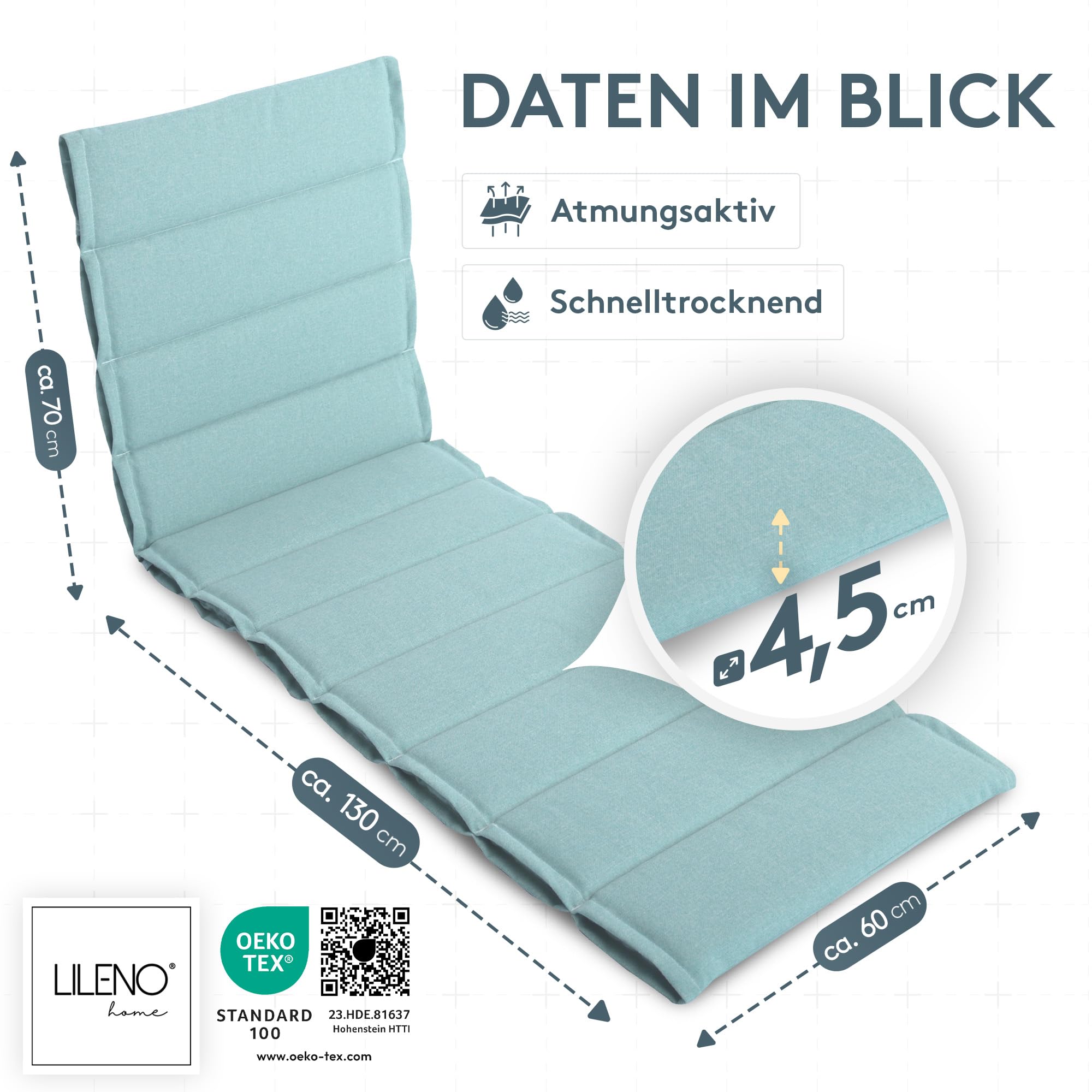 LILENO HOME Sonnenliege Auflage als [2er Set - Rollliege] in Petrol - Gartenliegen Auflage perfekt für Strandliege - Polster für Gartenliege (200x60x4,5cm)