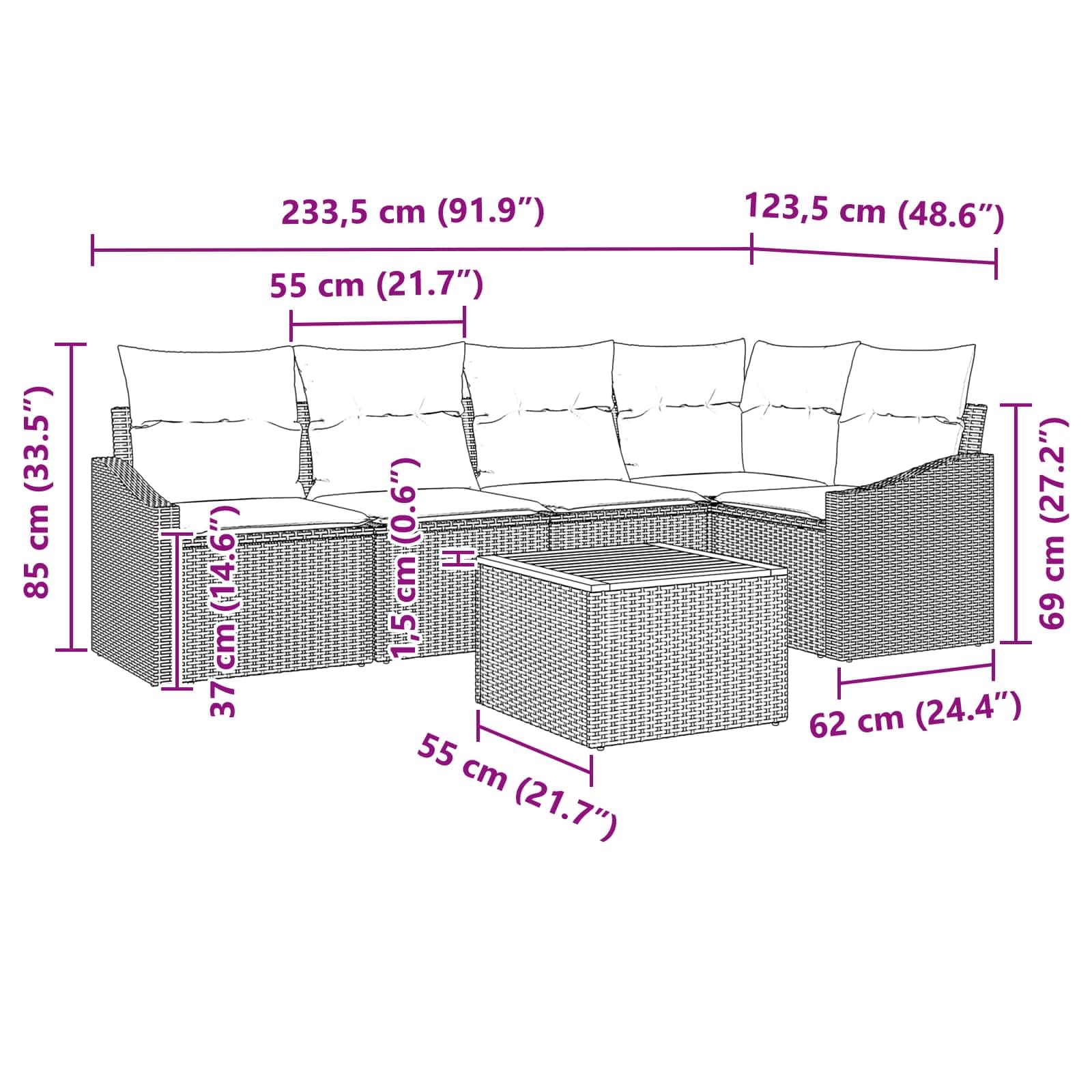 Ensemble de Canapé de Jardin 6 Pièces en Résine Tressée Noire, Salon de Jardin Modulable avec Table en Bois d'Acacia et Coussins Confortables pour Terrasse et Patio, 5 Places