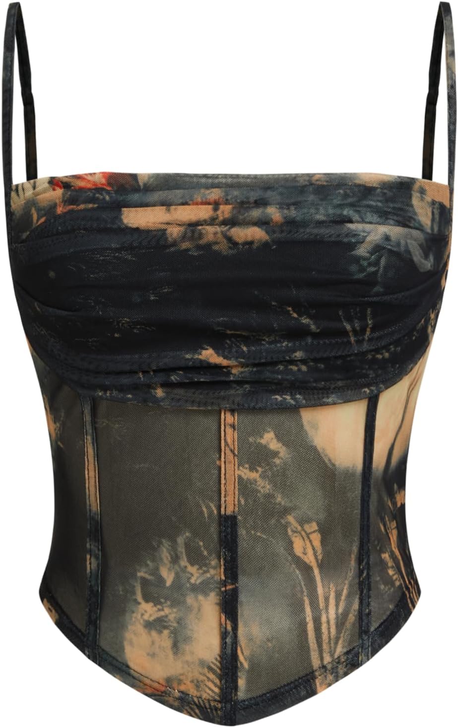 CIDER Shirts for Women Mesh Abstract Ruched Corset Crop Top