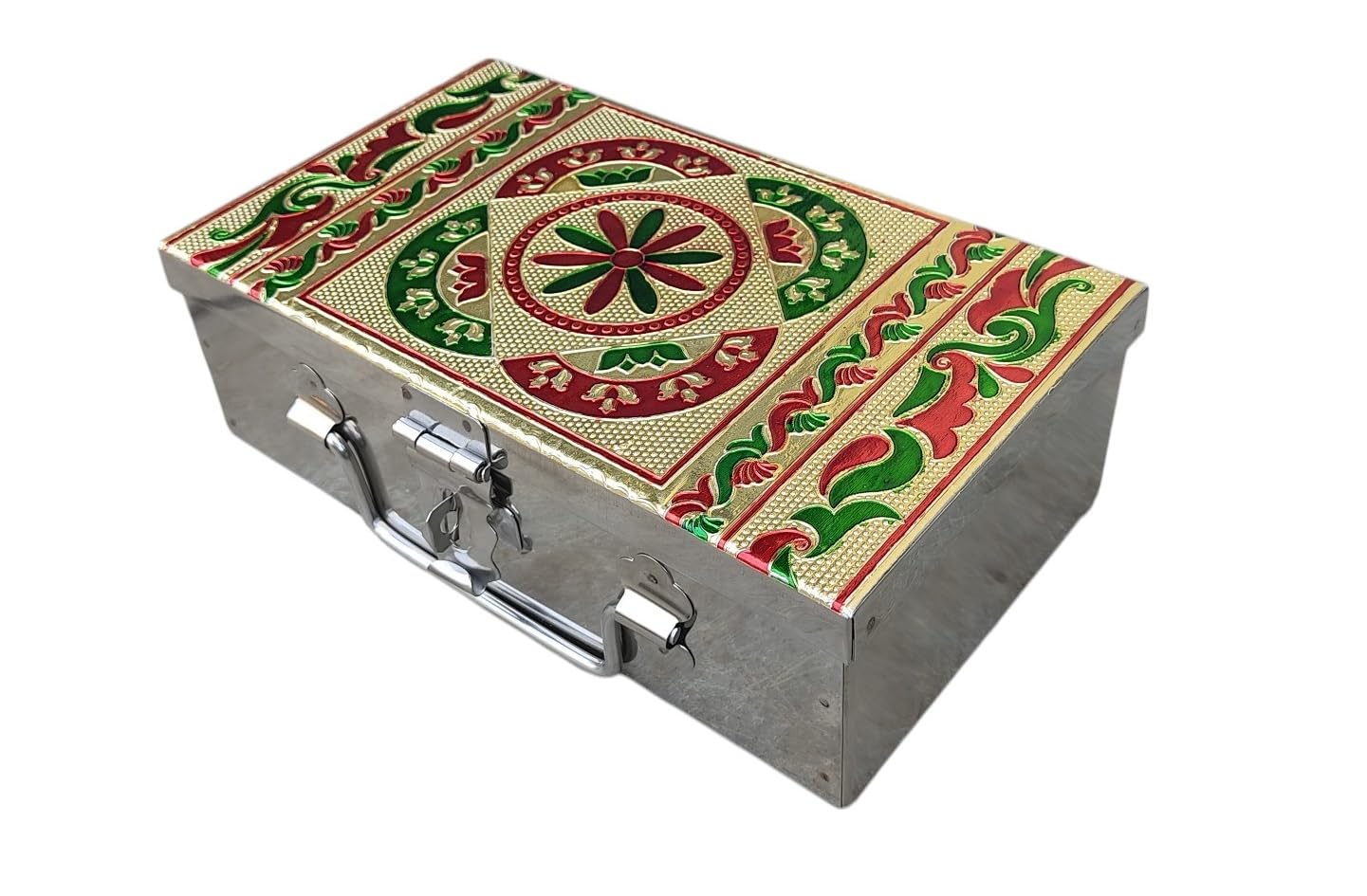 GinoSet® Stainless Steel Storage Box, Cash Box, Pooja Peti, Organizer, Vanity Storage Box, Jewellery Safe Bank Locker, Cash Box With Handicrafts Digital Meena Kari Design (Silver, 8 Inch) 1
