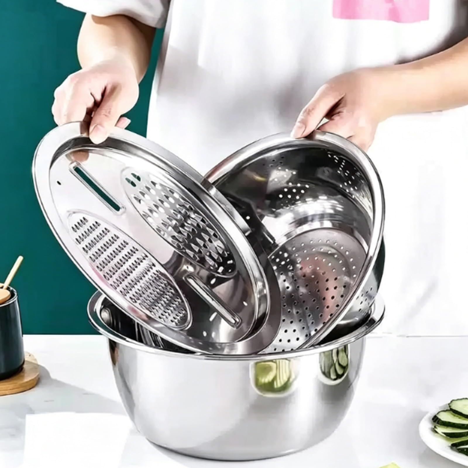 Mandolina Cocina, Picadora Manual de Acero Inoxidable 3 en 1, Colador para Lavar Arroz, Juego de Ralladores Cocina con Cesta Drenaje, para Queso, Zanahorias y Patatas
